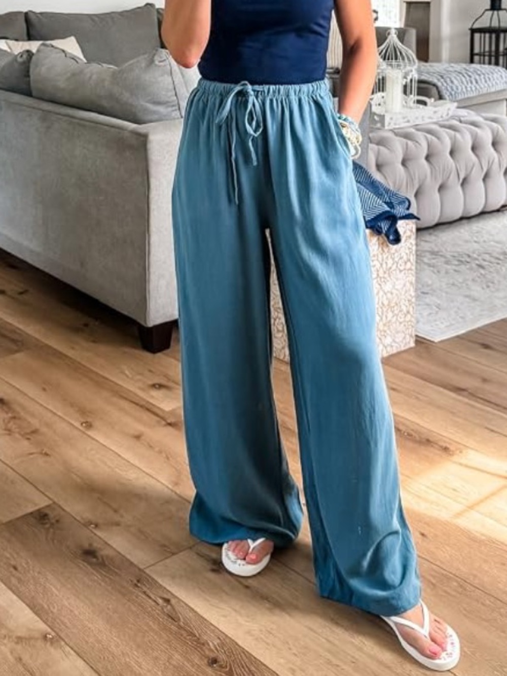 Relaxed Wide-Leg Blue Drawstring Pants🎆
